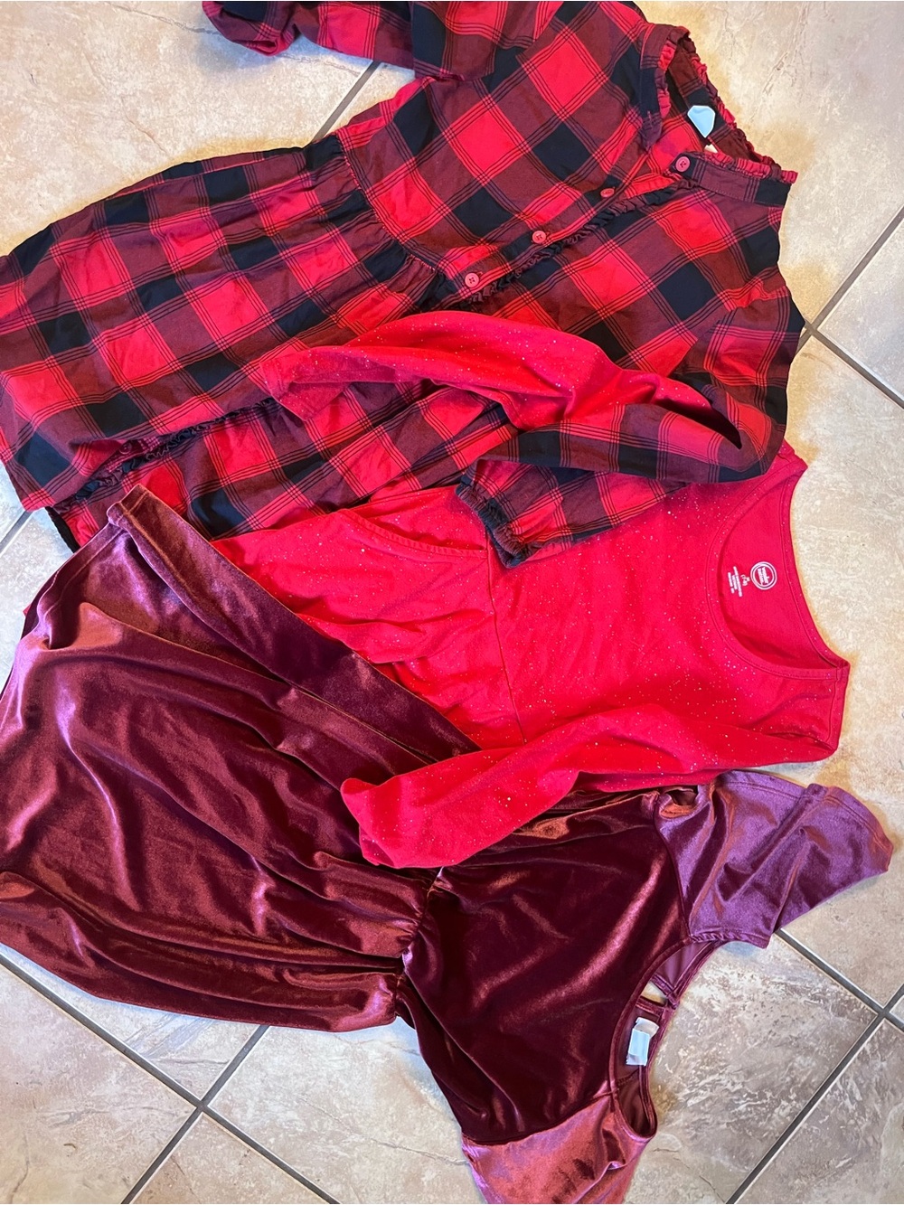 Girls Red Plaid & Sparkle Tops and Velvet Dress Set - mix brand
